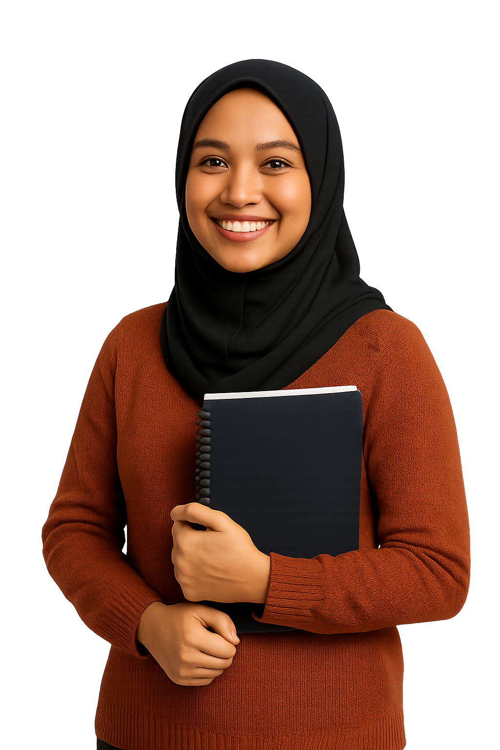 Siswi berhijab tersenyum memegang buku
